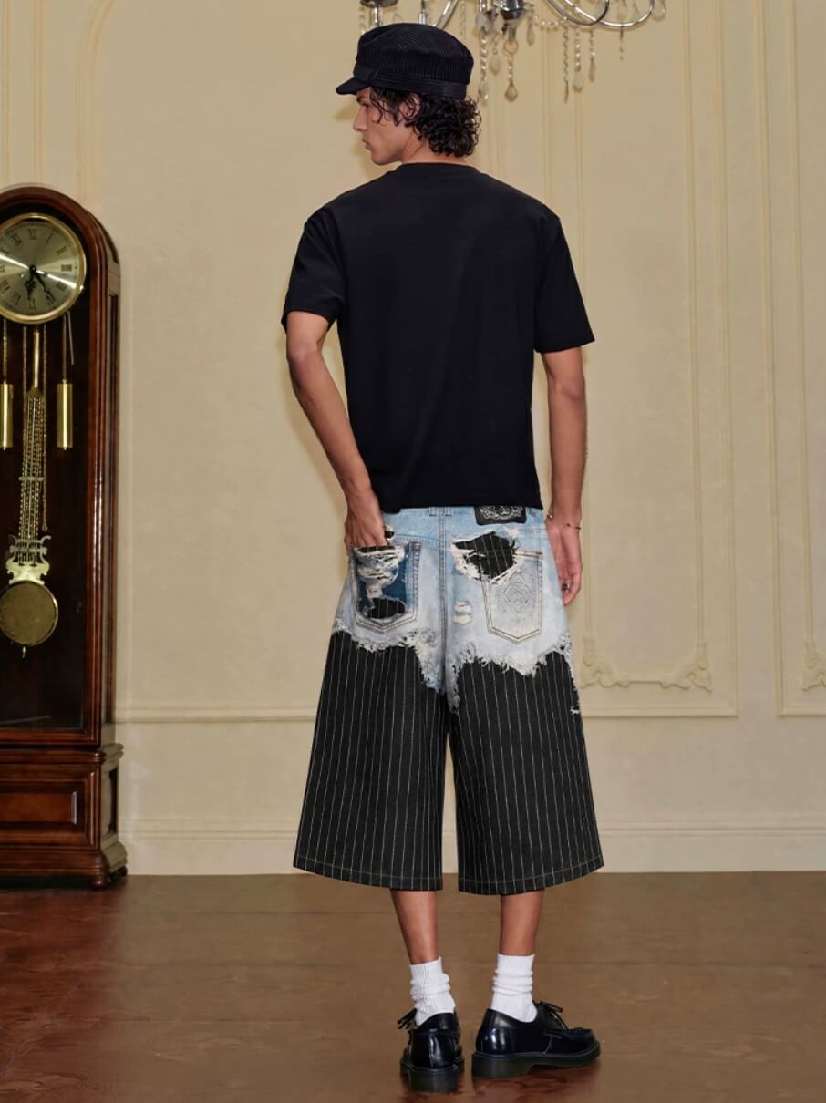 YADcrew Denim Stripe 3D Digital Print Shorts