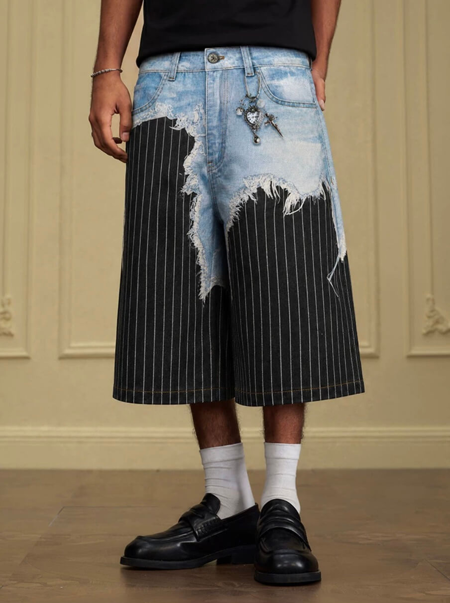 YADcrew Denim Stripe 3D Digital Print Shorts