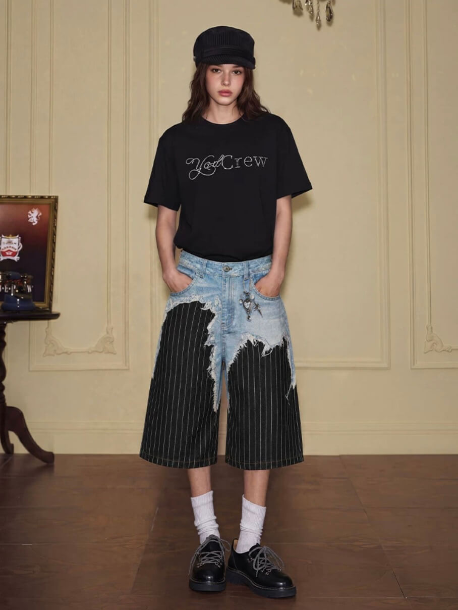 YADcrew Denim Stripe 3D Digital Print Shorts