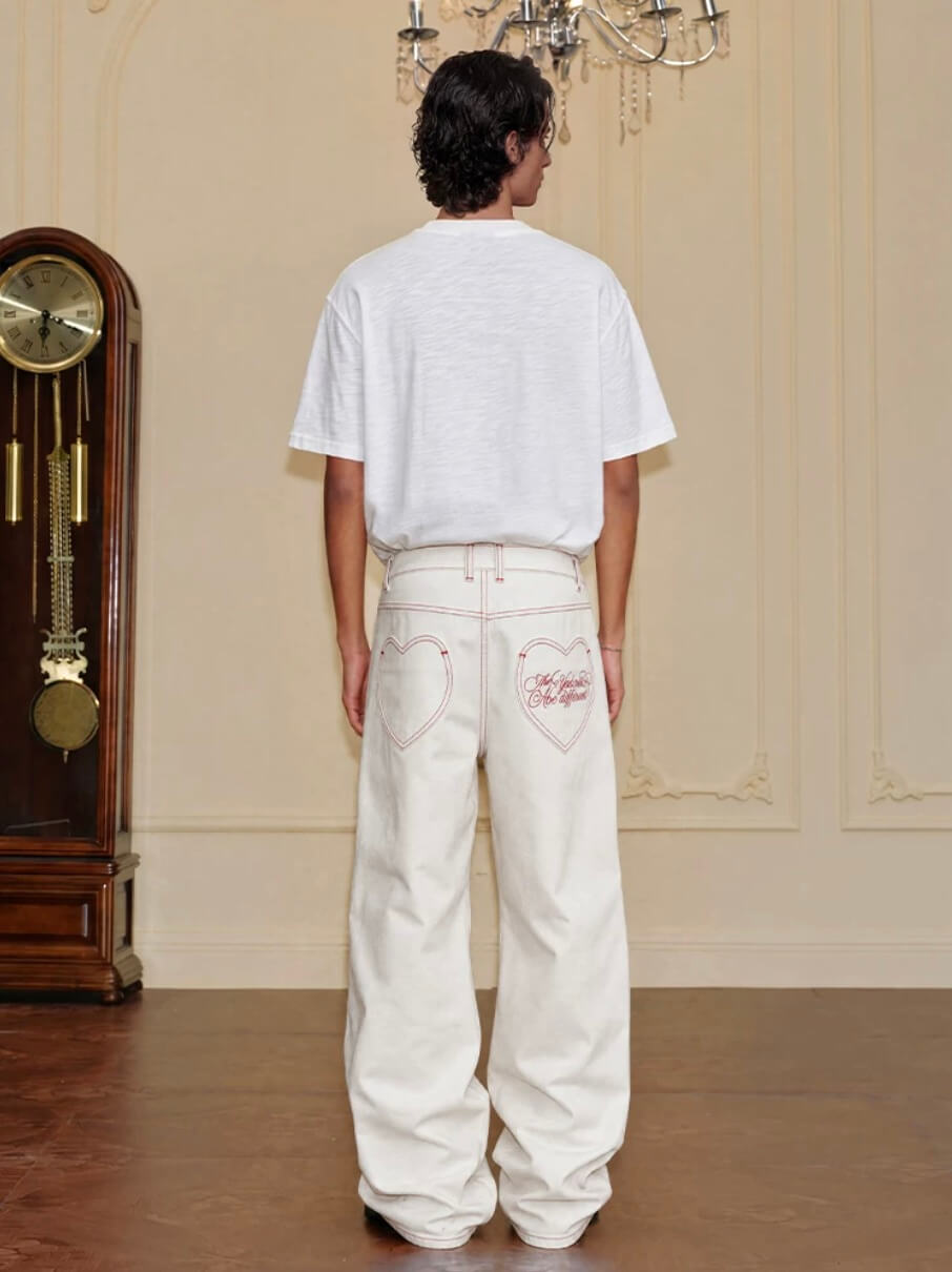 YADcrew Heart Shaped Pocket Slight Flare White Jeans