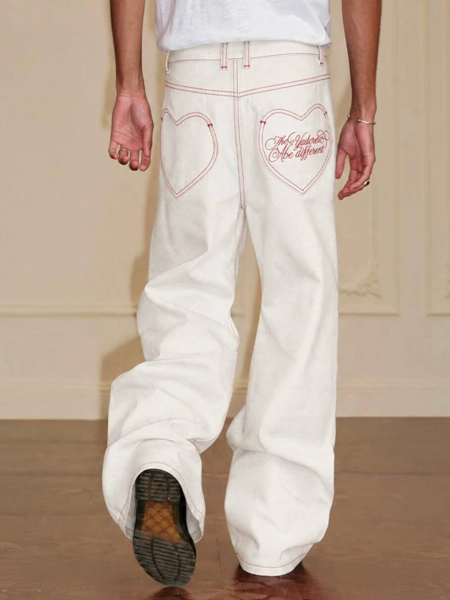 YADcrew Heart Shaped Pocket Slight Flare White Jeans