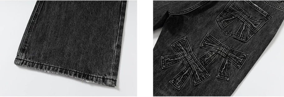 YADcrew Ribbon Patch Distressed Vintage Flared Jeans