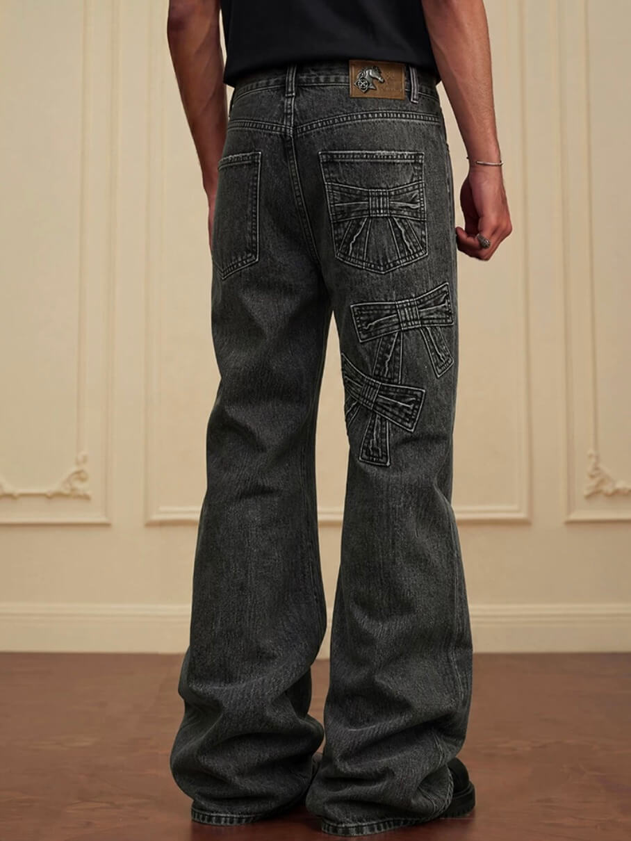 YADcrew Ribbon Patch Distressed Vintage Flared Jeans
