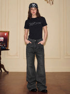 YADcrew Ribbon Patch Distressed Vintage Flared Jeans