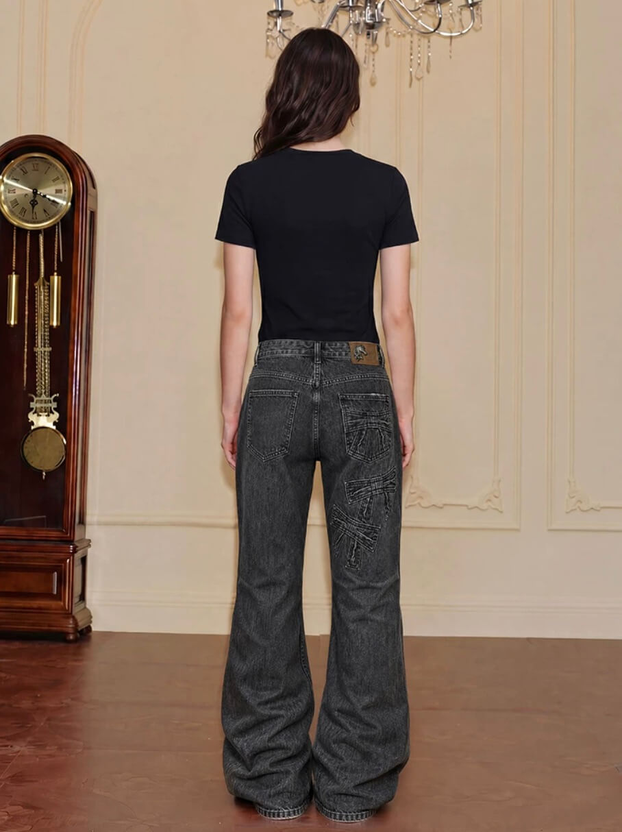 YADcrew Ribbon Patch Distressed Vintage Flared Jeans