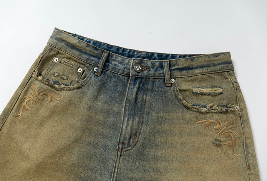 YADcrew Baroque Embroidered Distressed Wash Slight Flare Jeans
