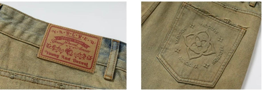 YADcrew Baroque Embroidered Distressed Wash Slight Flare Jeans