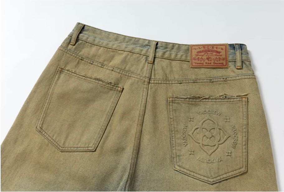 YADcrew Baroque Embroidered Distressed Wash Slight Flare Jeans
