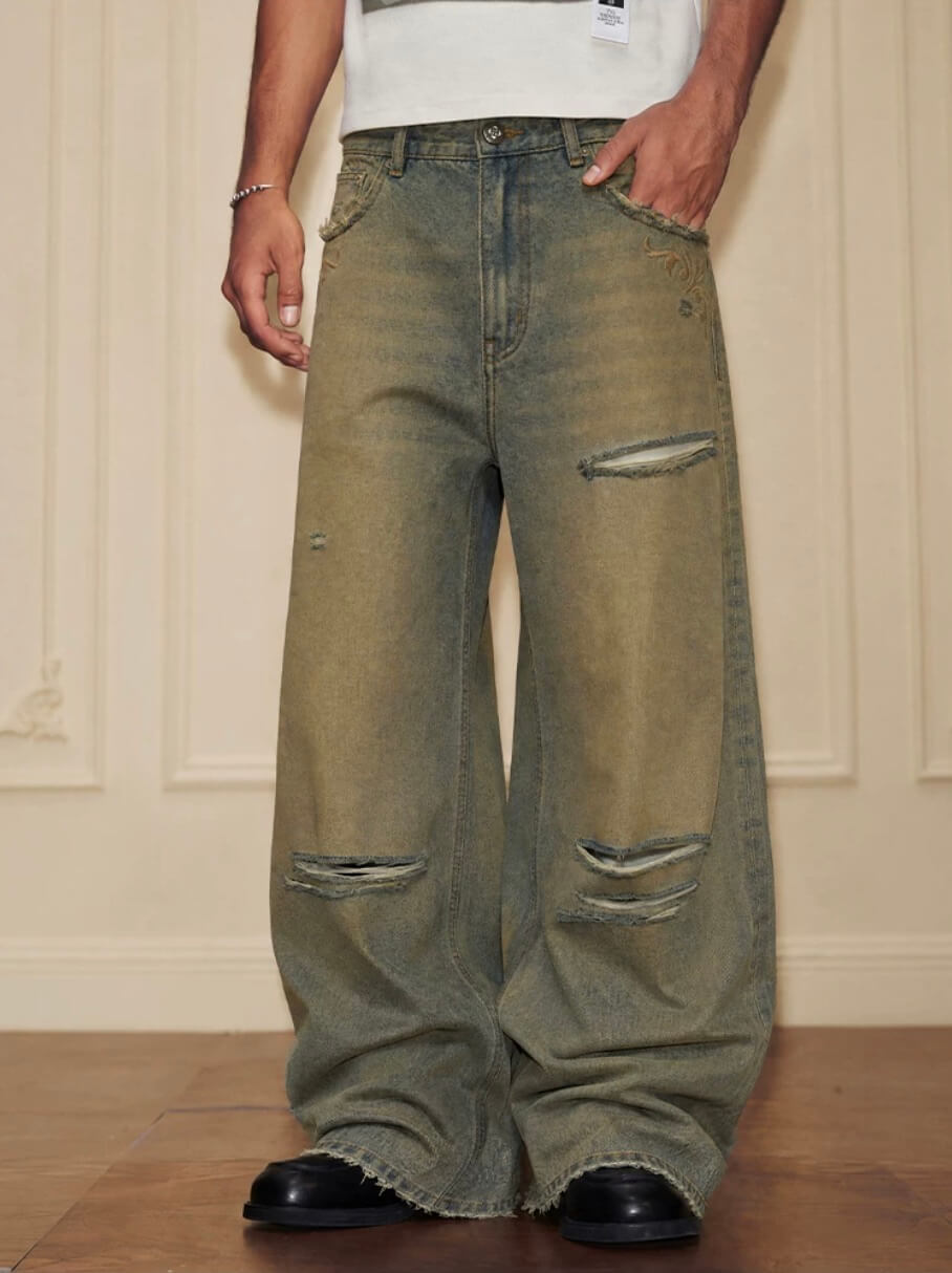YADcrew Baroque Embroidered Distressed Wash Slight Flare Jeans