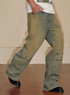 YADcrew Baroque Embroidered Distressed Wash Slight Flare Jeans