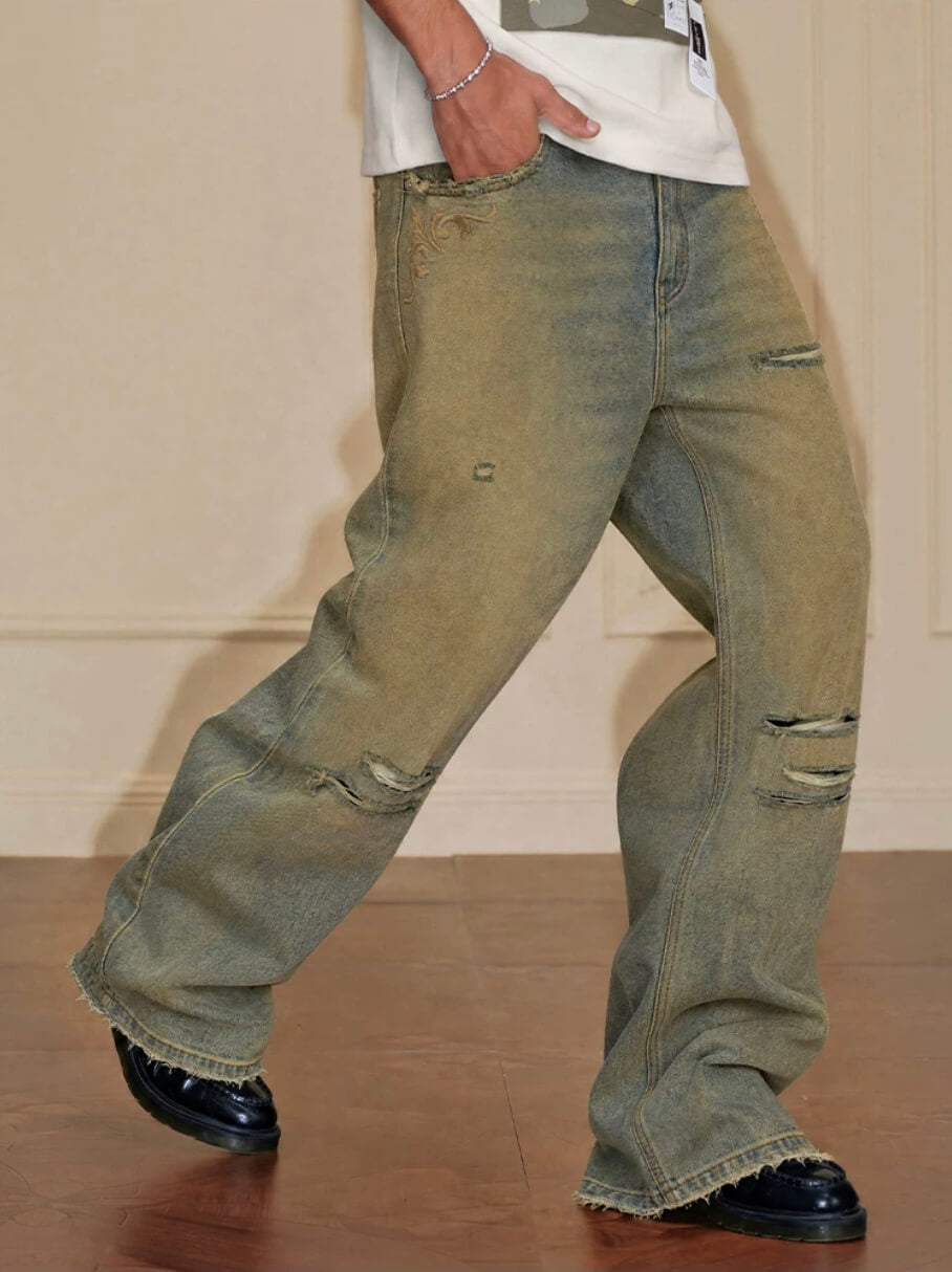 YADcrew Baroque Embroidered Distressed Wash Slight Flare Jeans