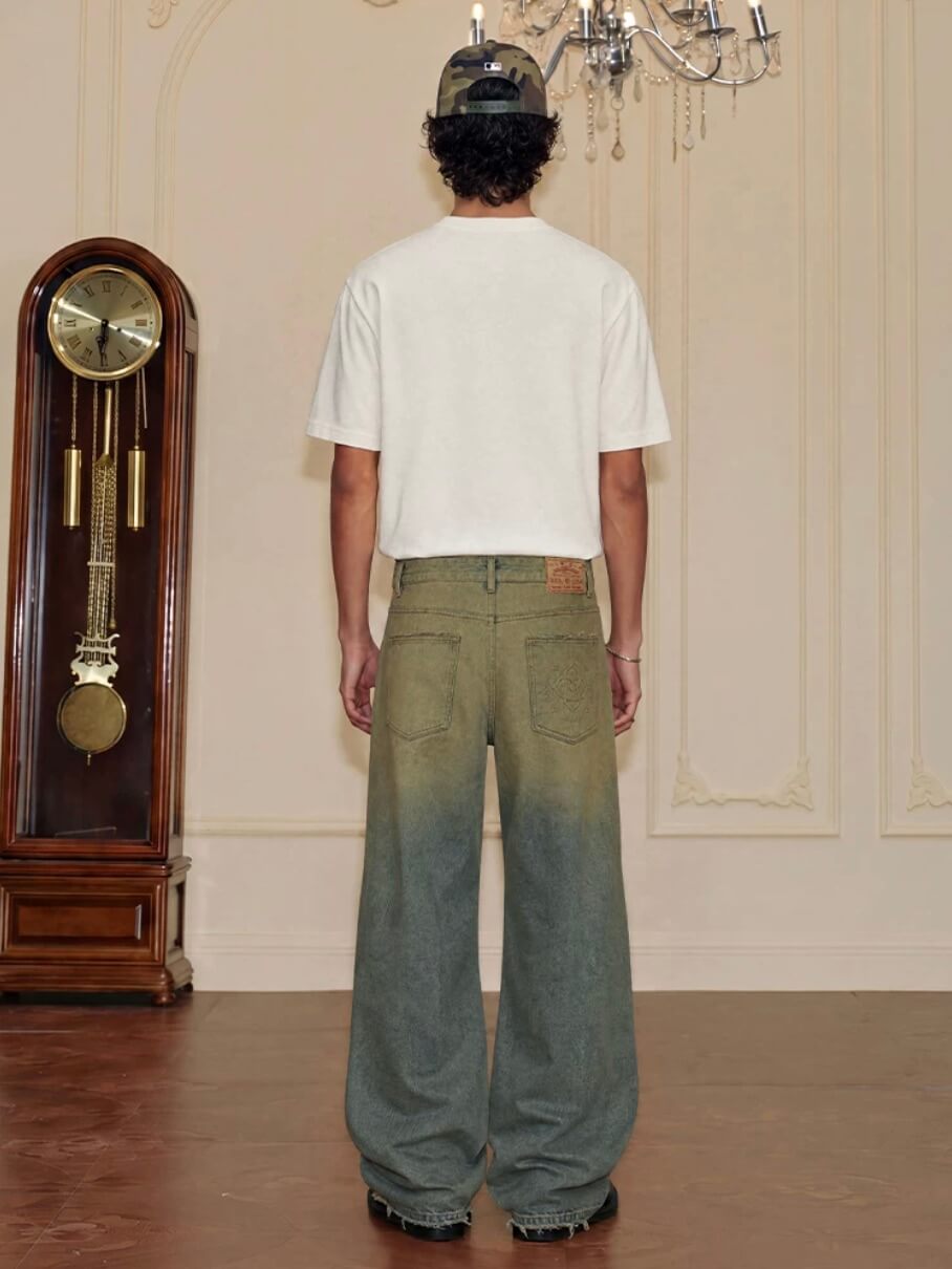 YADcrew Baroque Embroidered Distressed Wash Slight Flare Jeans