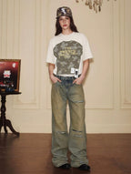 YADcrew Baroque Embroidered Distressed Wash Slight Flare Jeans