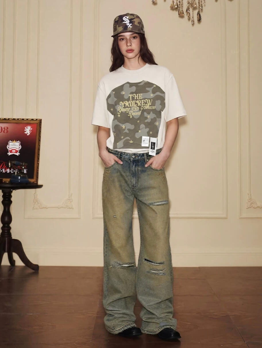 YADcrew Baroque Embroidered Distressed Wash Slight Flare Jeans