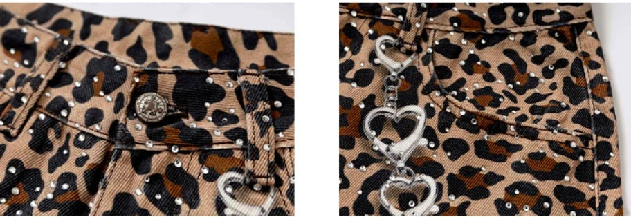 YADcrew Leopard Digital Print All Over Rhinestone Baggy Shorts