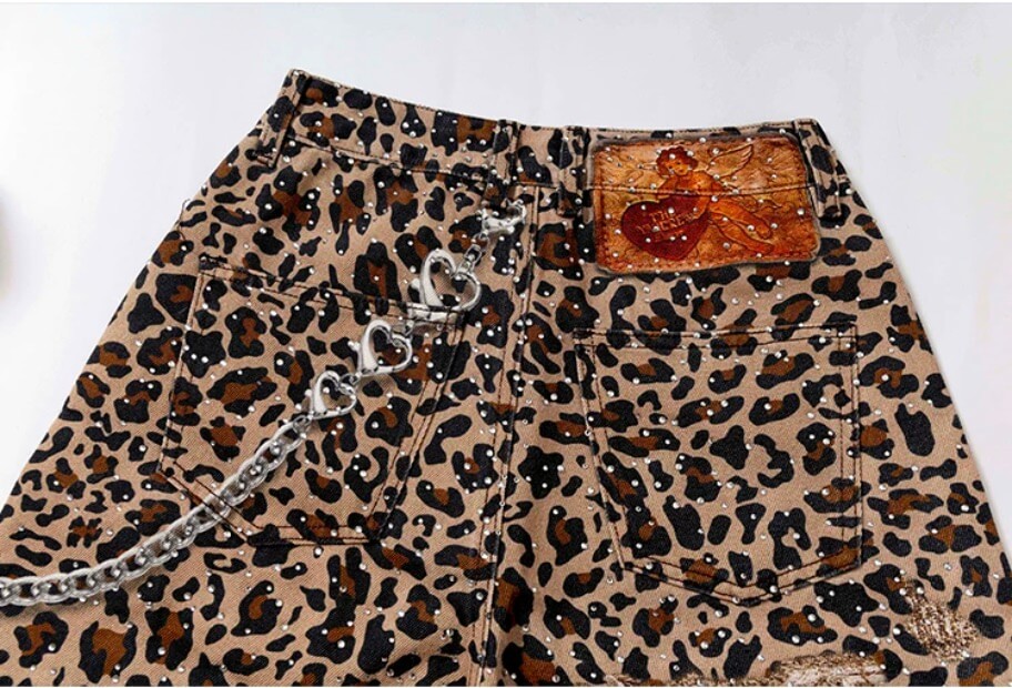 YADcrew Leopard Digital Print All Over Rhinestone Baggy Shorts