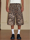 YADcrew Leopard Digital Print All Over Rhinestone Baggy Shorts