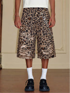 YADcrew Leopard Digital Print All Over Rhinestone Baggy Shorts