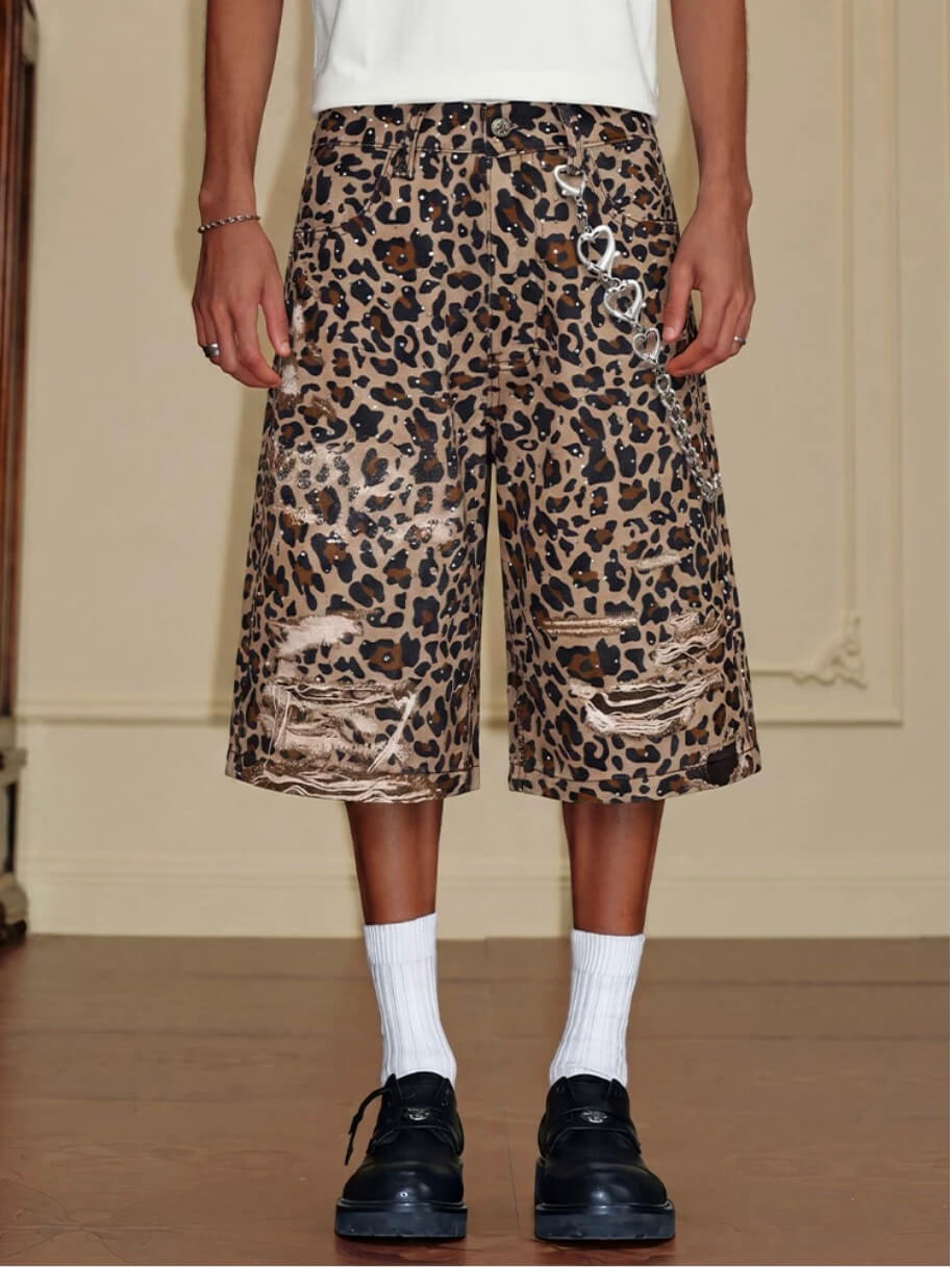 YADcrew Leopard Digital Print All Over Rhinestone Baggy Shorts