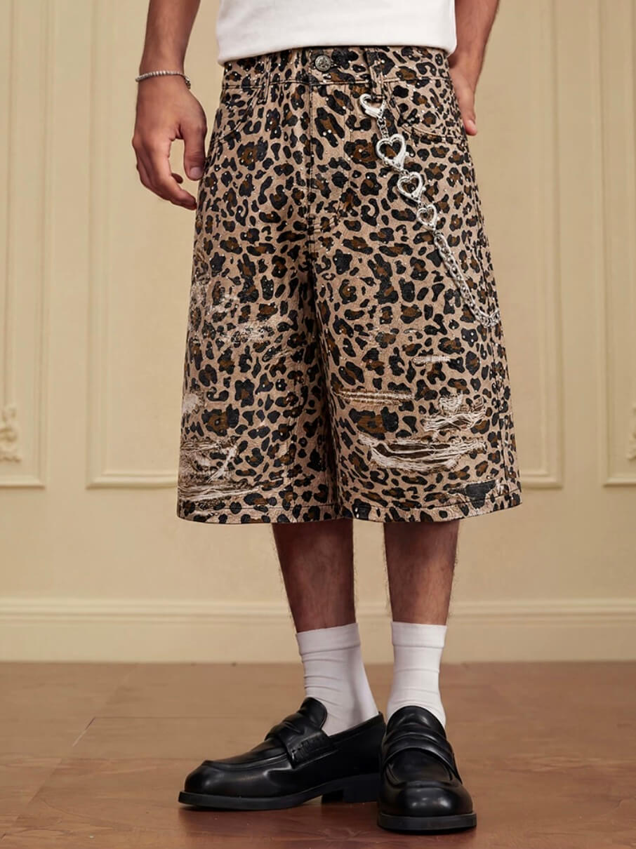YADcrew Leopard Digital Print All Over Rhinestone Baggy Shorts