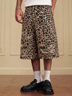 YADcrew Leopard Digital Print All Over Rhinestone Baggy Shorts