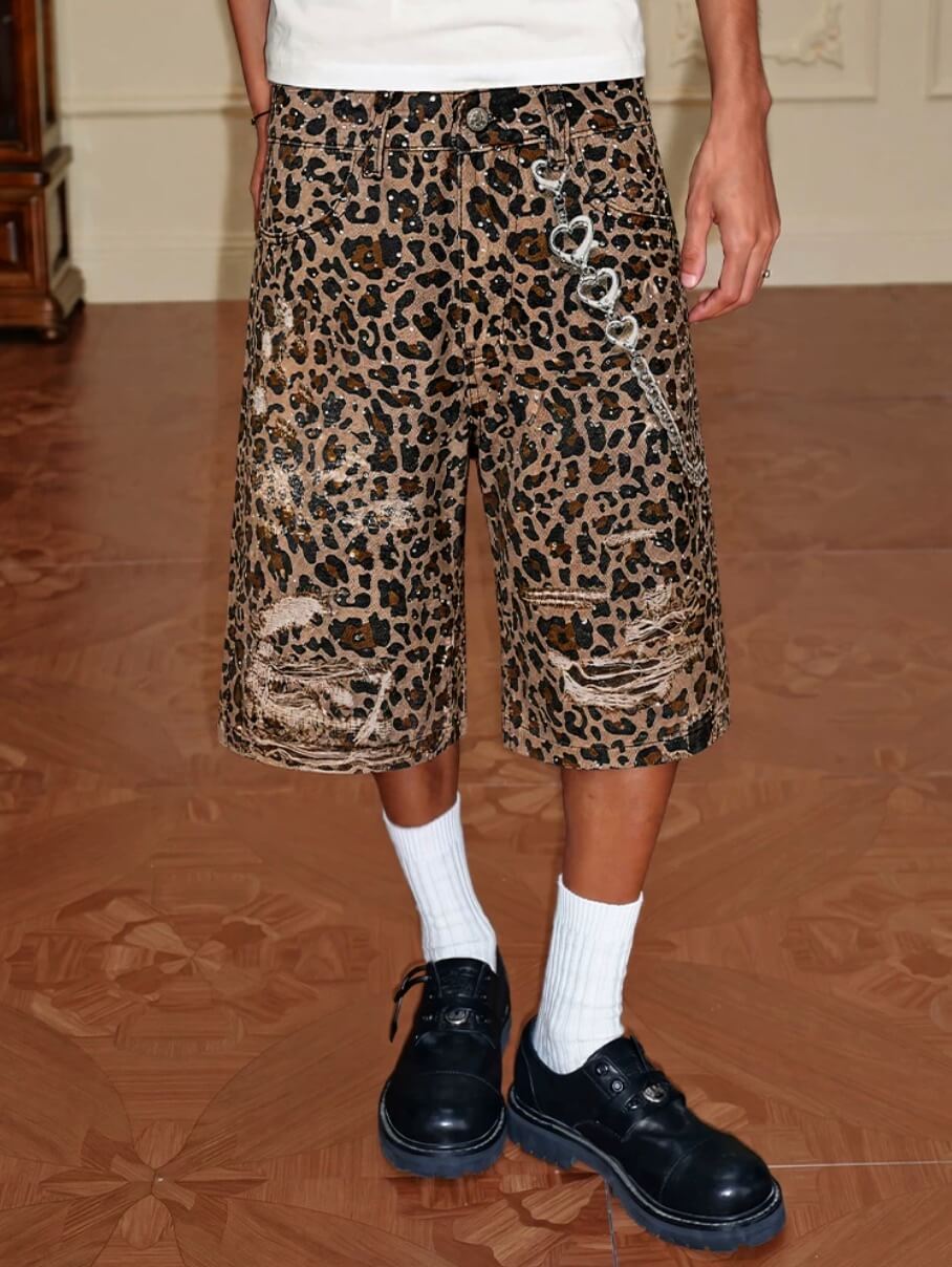 YADcrew Leopard Digital Print All Over Rhinestone Baggy Shorts