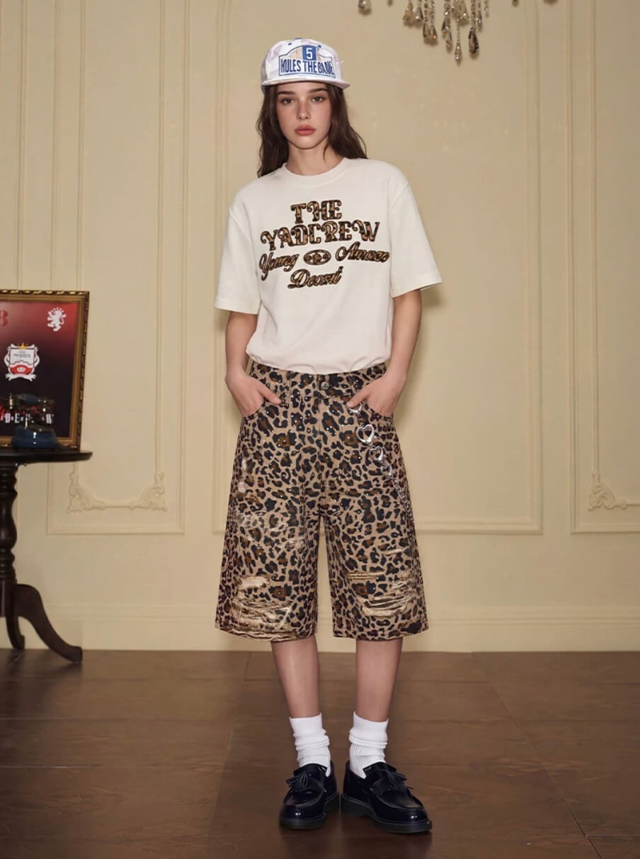 YADcrew Leopard Digital Print All Over Rhinestone Baggy Shorts