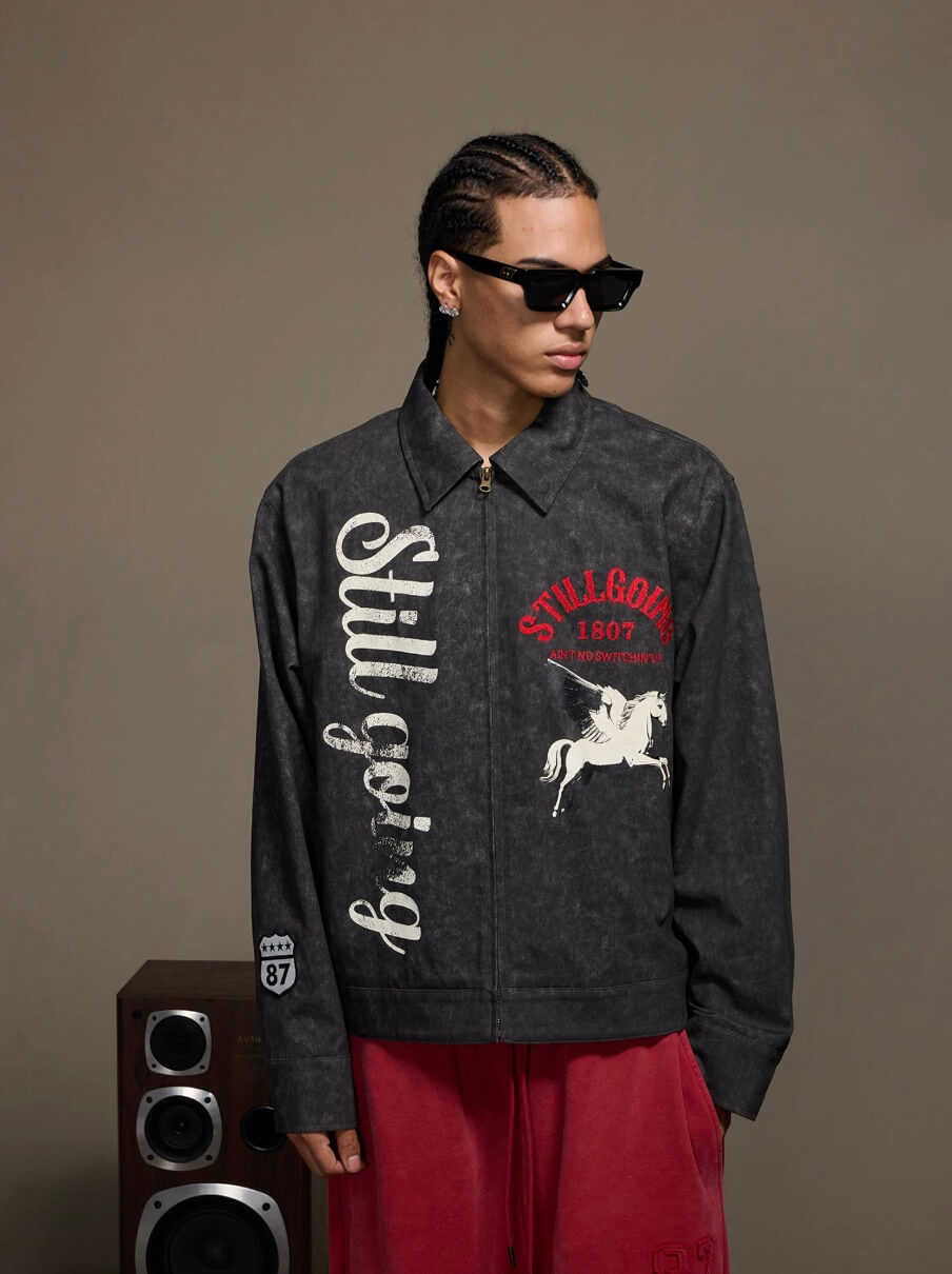 1807 Pegasus Vintage Print Embroidered Detroit Jacket