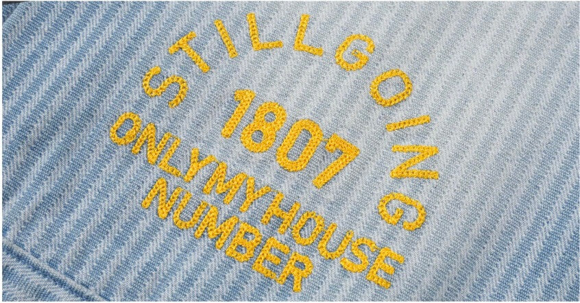 1807 Chain Stitch Embroidered Striped Washed Denim Jacket