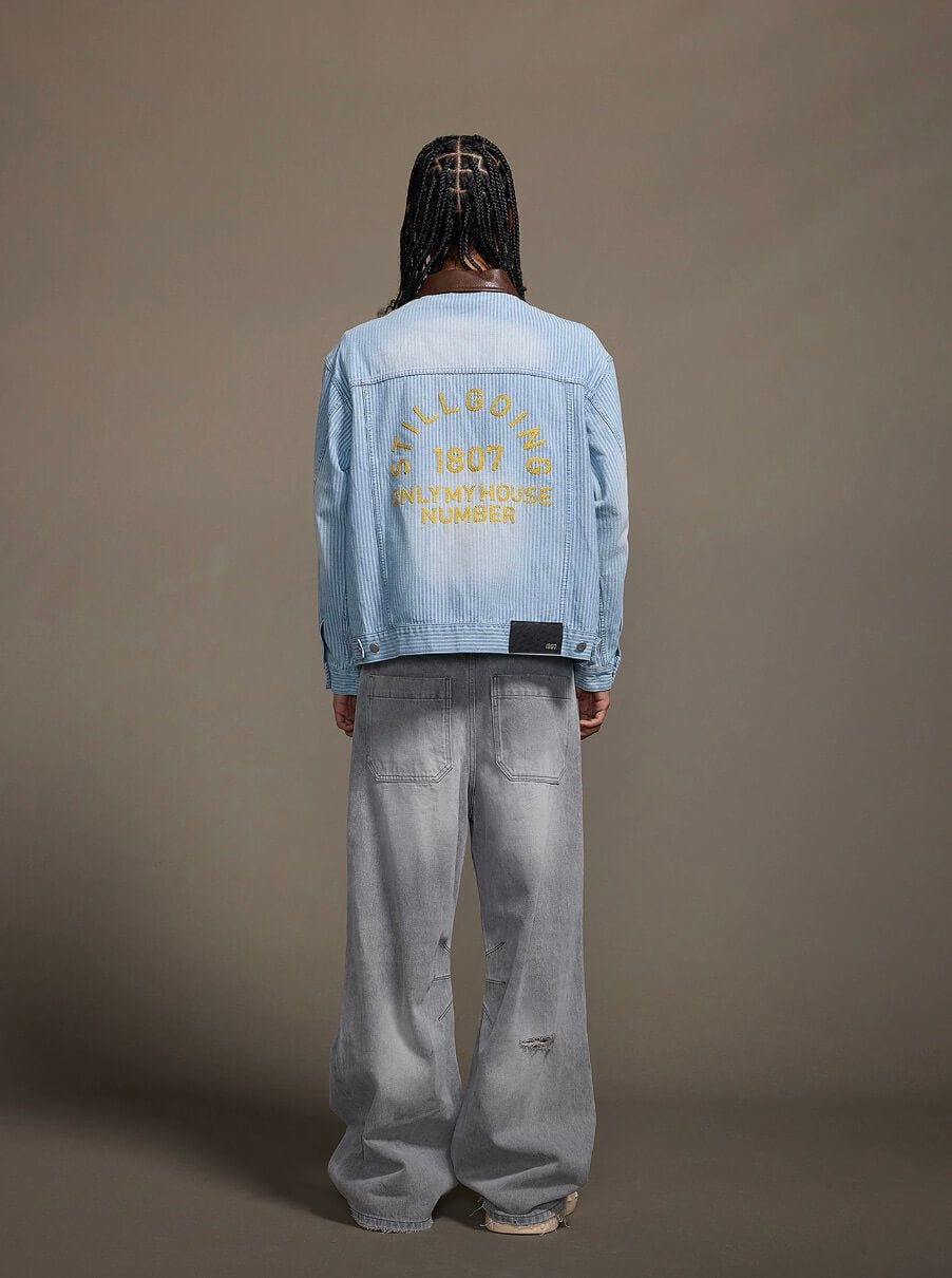 1807 Chain Stitch Embroidered Striped Washed Denim Jacket