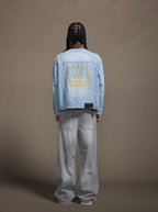 1807 Chain Stitch Embroidered Striped Washed Denim Jacket
