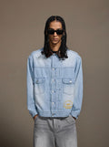 1807 Chain Stitch Embroidered Striped Washed Denim Jacket
