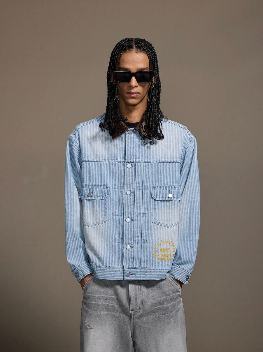 1807 Chain Stitch Embroidered Striped Washed Denim Jacket