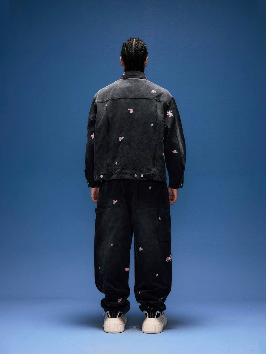 1807 All Over Floral Embroidered Washed Denim Jacket