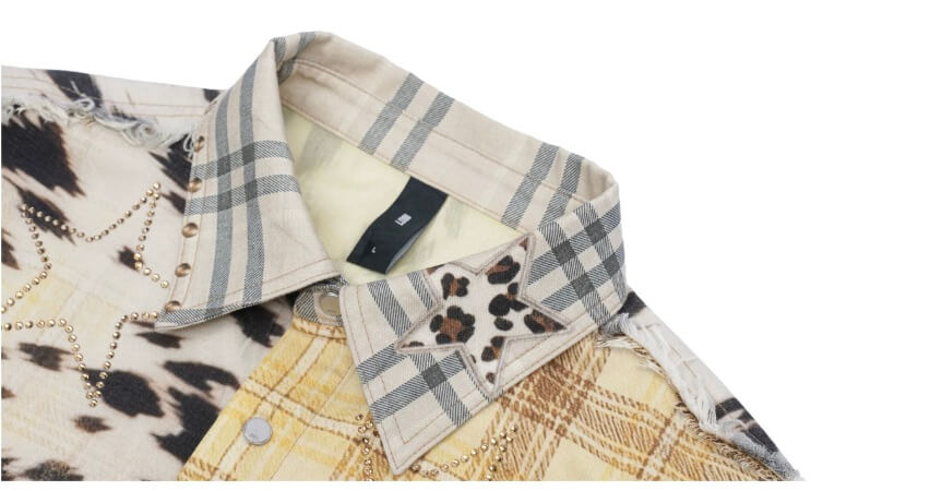 1807 Patchwork Print Plaid Rhinestone Long Sleeve Shirt
