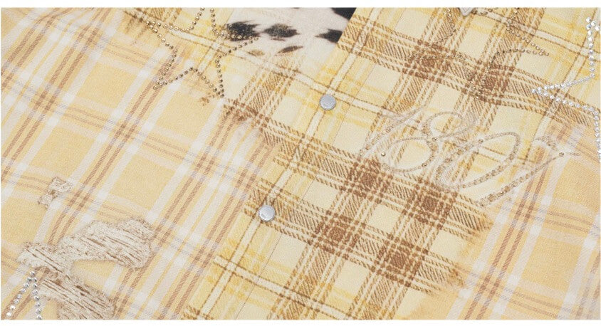 1807 Patchwork Print Plaid Rhinestone Long Sleeve Shirt
