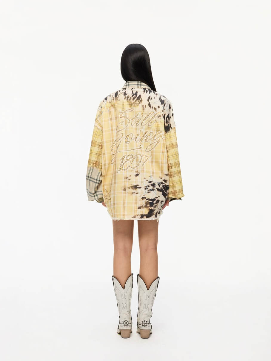 1807 Patchwork Print Plaid Rhinestone Long Sleeve Shirt