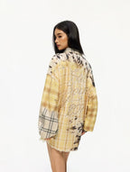 1807 Patchwork Print Plaid Rhinestone Long Sleeve Shirt