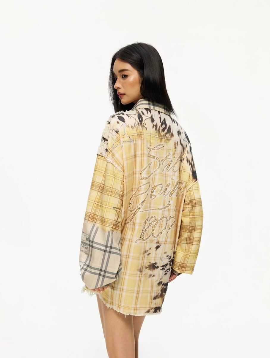 1807 Patchwork Print Plaid Rhinestone Long Sleeve Shirt