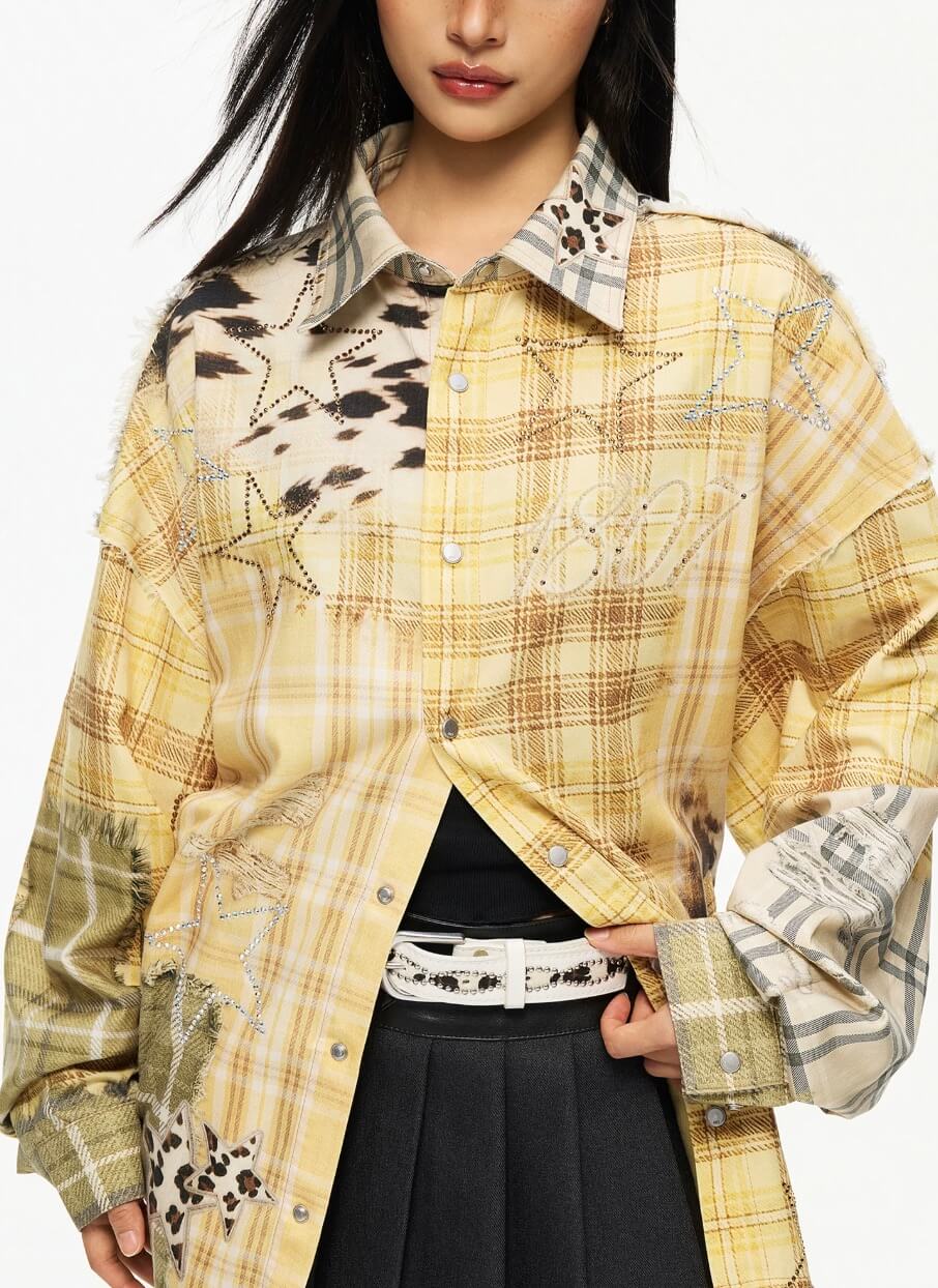 1807 Patchwork Print Plaid Rhinestone Long Sleeve Shirt