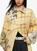 1807 Patchwork Print Plaid Rhinestone Long Sleeve Shirt