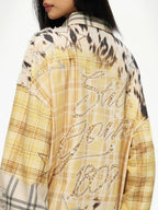 1807 Patchwork Print Plaid Rhinestone Long Sleeve Shirt