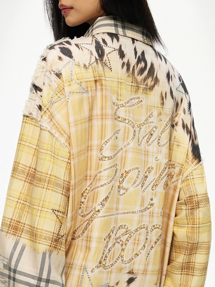 1807 Patchwork Print Plaid Rhinestone Long Sleeve Shirt