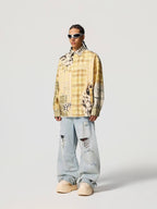 1807 Patchwork Print Plaid Rhinestone Long Sleeve Shirt