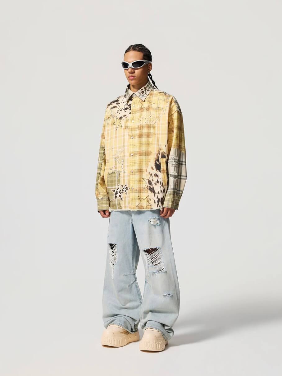 1807 Patchwork Print Plaid Rhinestone Long Sleeve Shirt