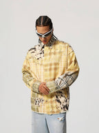1807 Patchwork Print Plaid Rhinestone Long Sleeve Shirt