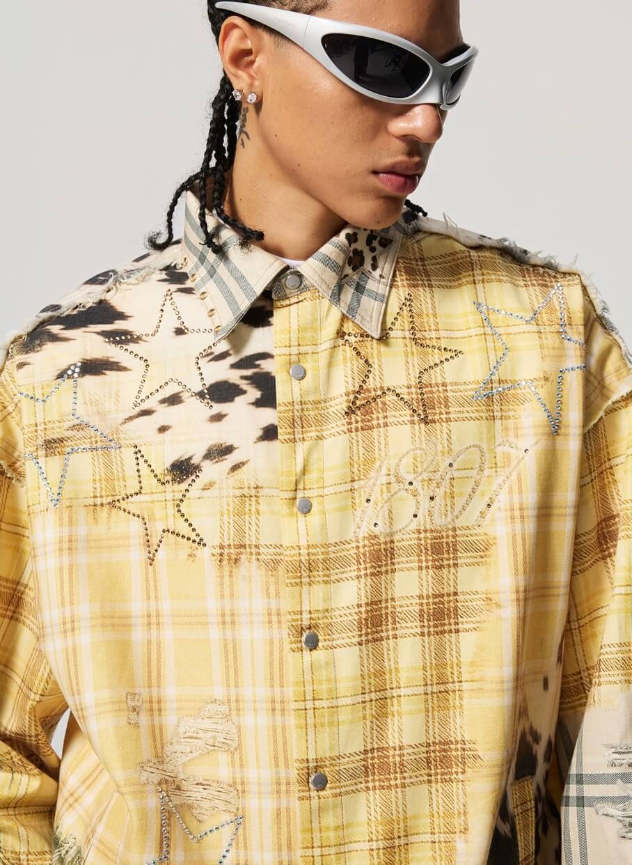 1807 Patchwork Print Plaid Rhinestone Long Sleeve Shirt