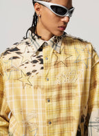 1807 Patchwork Print Plaid Rhinestone Long Sleeve Shirt
