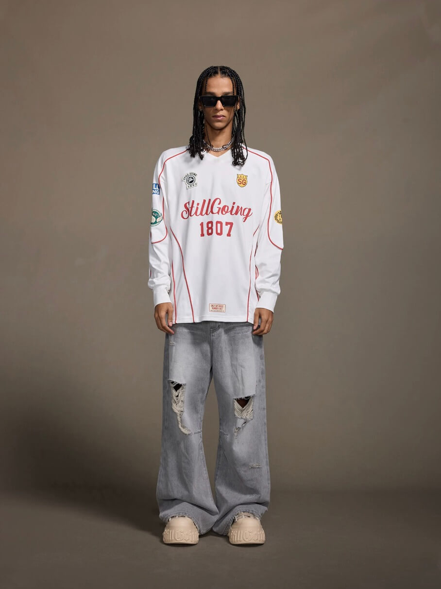 1807 Patchwork Print V Neck Long Sleeve Hockey Jersey