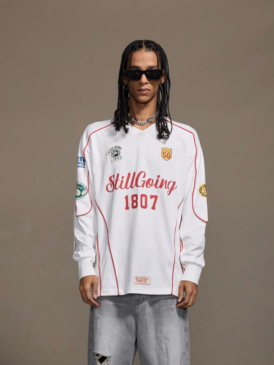 1807 Patchwork Print V Neck Long Sleeve Hockey Jersey